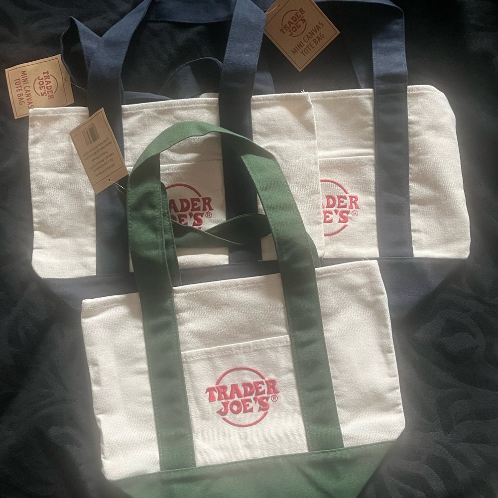 Trader Joe's Mini Tote Bags Set 2 blue 1 Green